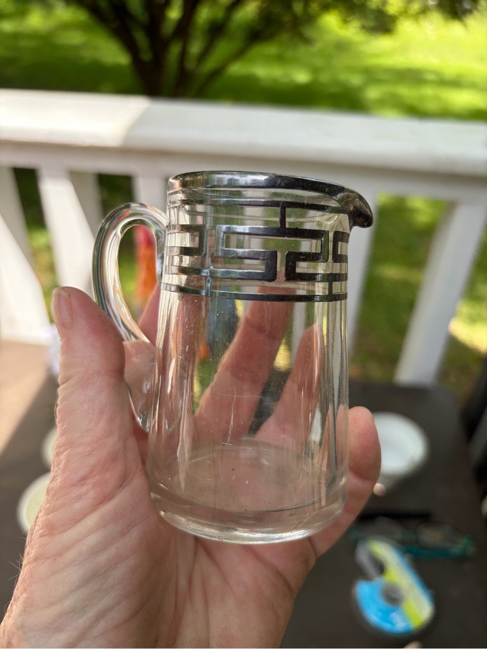 Vtg Silver Overlay Glass Creamer Greek Key Pattern Applied Handle Art Deco